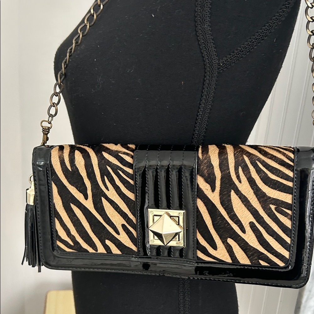 Zebra Print Calf Hair Clutch with Black Accents and Tassel